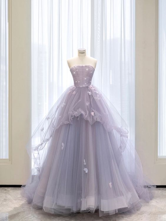 Elegant Purple Tulle Prom Dress Ball Gown Strapless Formal Party Dress