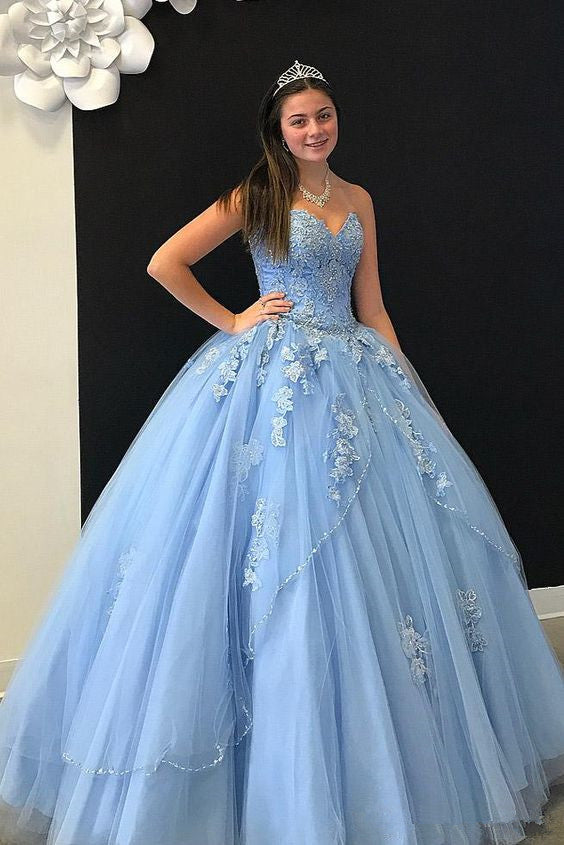 Elegant Baby Blue Cheap Ball Gown Quinceanera Prom dresses Sweetheart Neck Applique Lace Crystal Beaded Sparkly Sequin Sweet 16 Formal Dress
