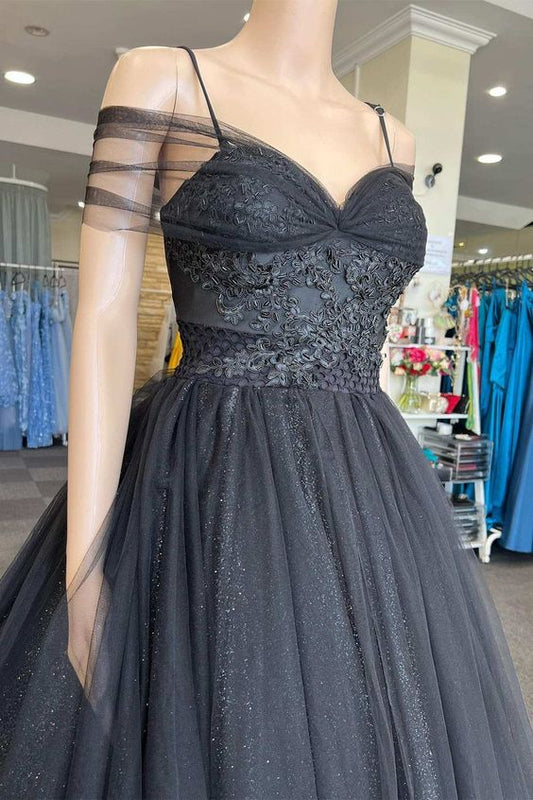 A Line Wedding Dress Princess V Neck Black Tulle Cold Shoulder Long Prom Gown Formal Dresses