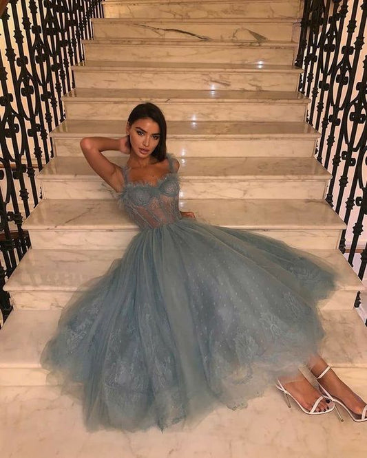 Gray Blue A Line Tulle Sweetheart Lace Prom Dresses Evening Gowns