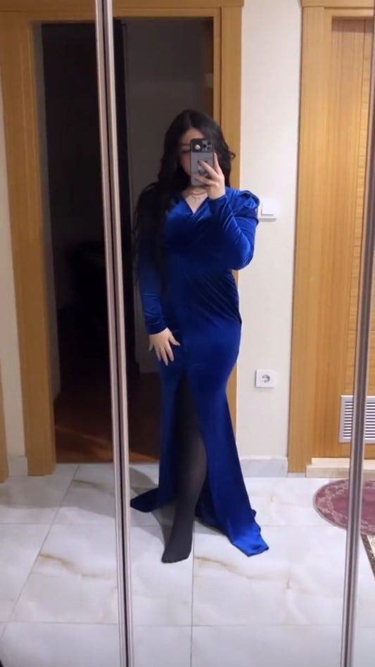 Blue V neck Long Prom Dress Formal Evening Gowns