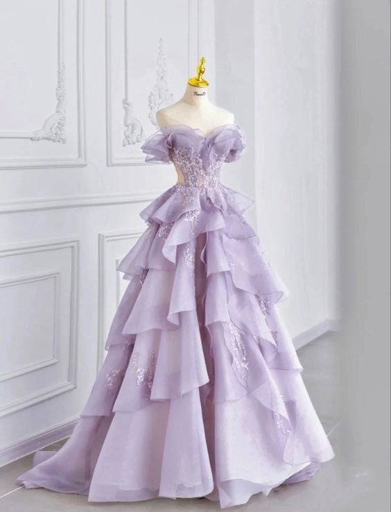 Glamorous Lavender Off-the-Shoulder Tiered Tulle Ball Gown with Beaded Bodice TP5760
