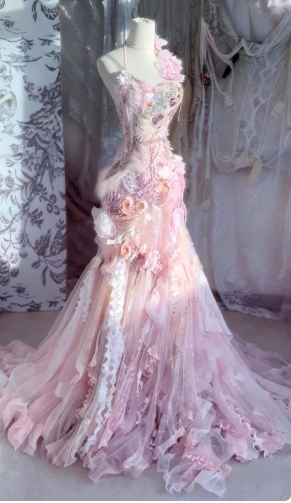 Vintage Pink Mermaid 3D Floral Tulle Fairy Dress Evening Gown TP5423