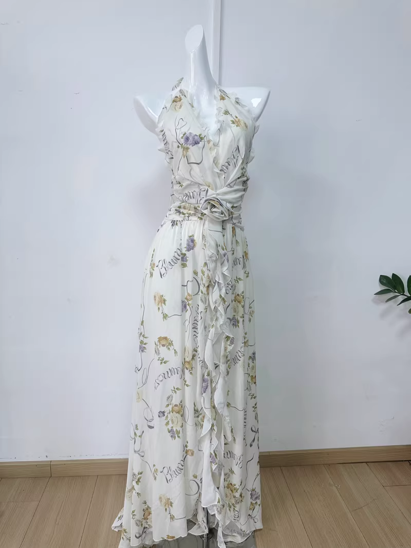 Ethereal Chiffon Halter Neck Evening Gown Floral Prom Dress TP5707