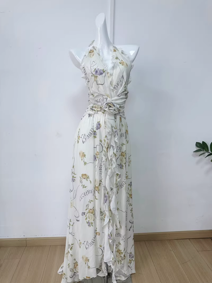 Ethereal Chiffon Halter Neck Evening Gown Floral Prom Dress TP5707