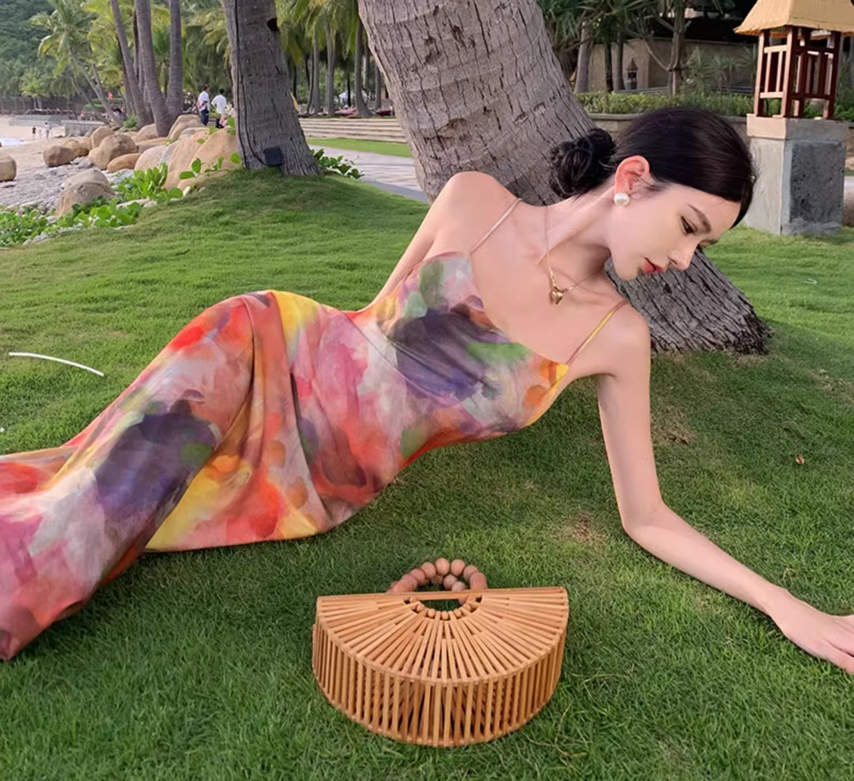 Simple New Painting Style Floral Design Elegant Beach Holiday Spaghetti Strap Dress TP3019