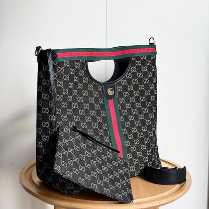 Gucci Giglio Large Tote Bag Black And White GG Denim 39Cm ‎