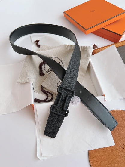 HERMES LEATHER BELT WITH H BUCKLE BLACK 38MM