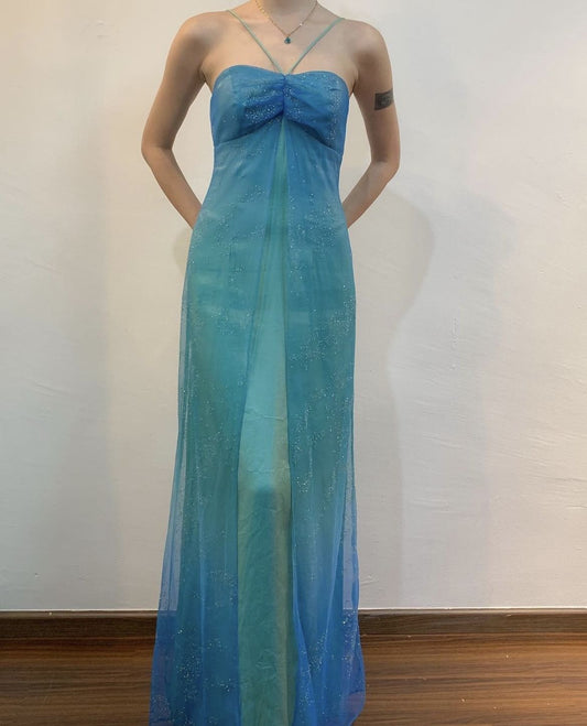 Girlhomeshops--Blue shiny strap fashion long tulle floor-length ball gown graduation dress gh5516