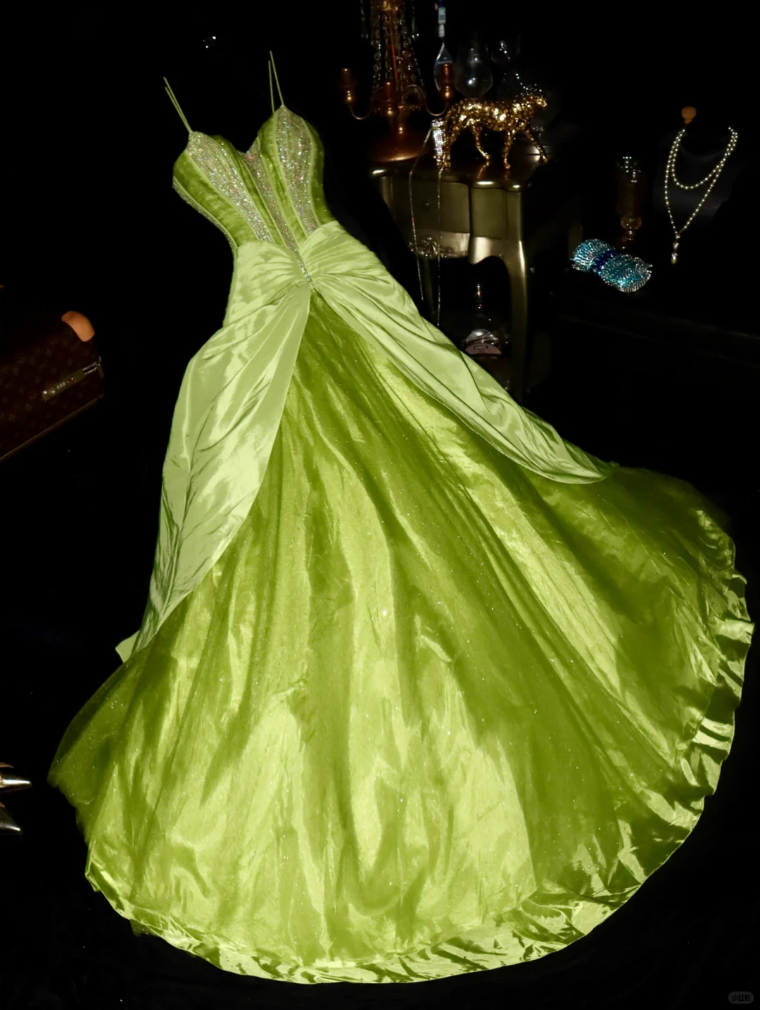 Glamorous Lime Green Satin Spaghetti Strap Beaded Evening Gown TP5356