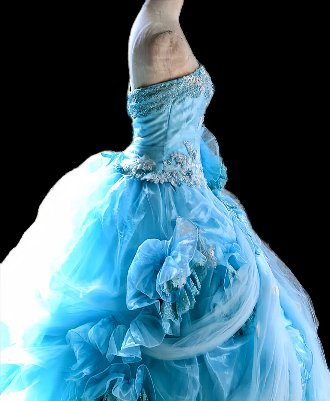 Glamorous Sky Blue Strapless Ruffled Tulle 3D Floral Sheer Drape Sweet 15 Quinceanera Ball Gown TP5495