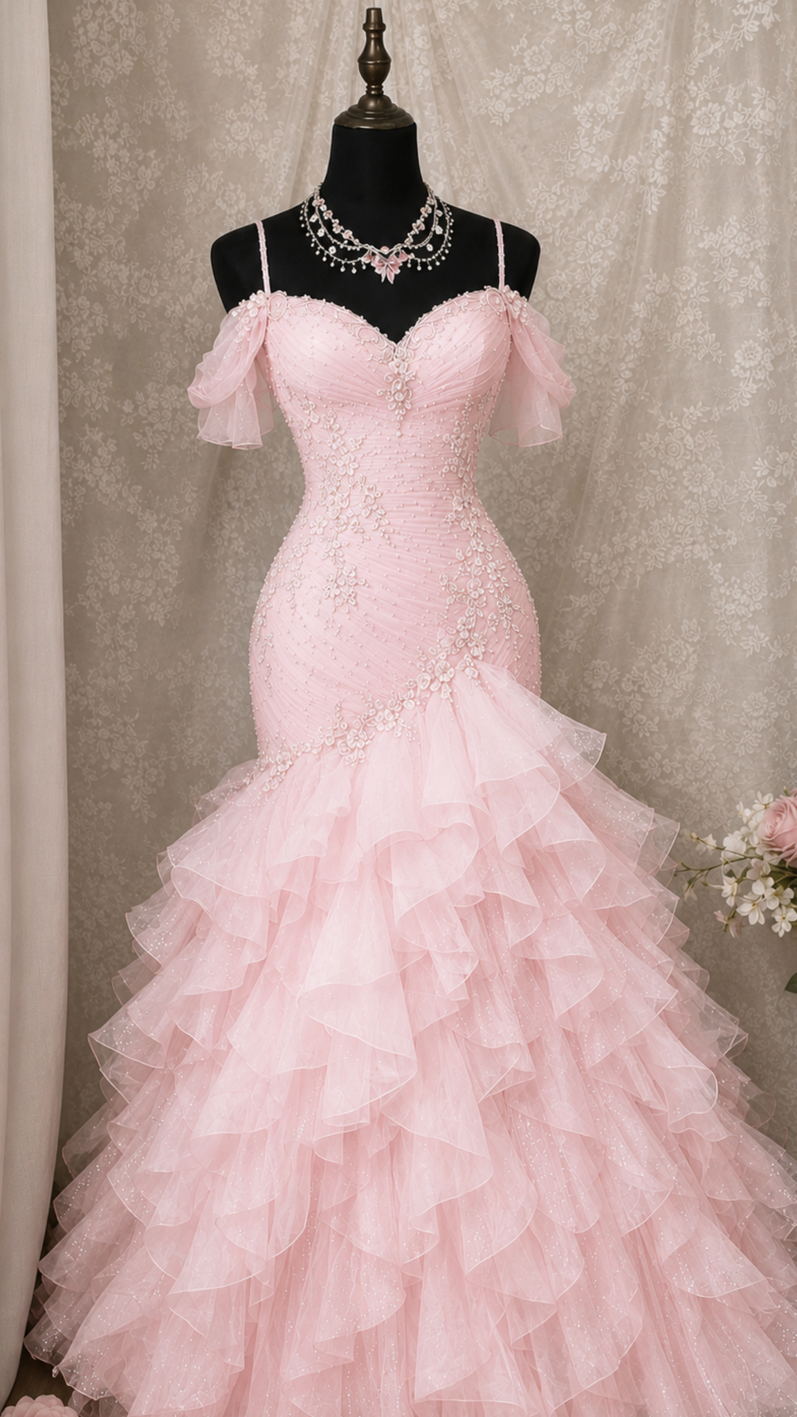 Vintage Pink Off-the-Shoulder Mermaid Prom Dress Spaghetti Strap Sweetheart 3D Floral Beaded Evening Gown TP5852