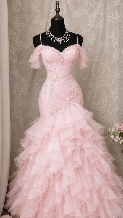 Vintage Pink Off-the-Shoulder Mermaid Prom Dress Spaghetti Strap Sweetheart 3D Floral Beaded Evening Gown TP5852