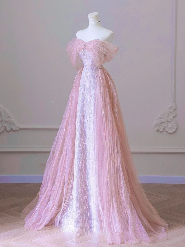 Vintage Pink Off-Shoulder Sequin Trumpet Evening Gown TP5183