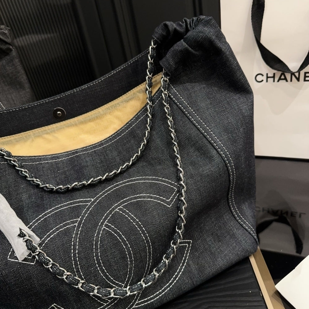 Chanel Large Tote Bag Black Denim Chain Strap 36Cm