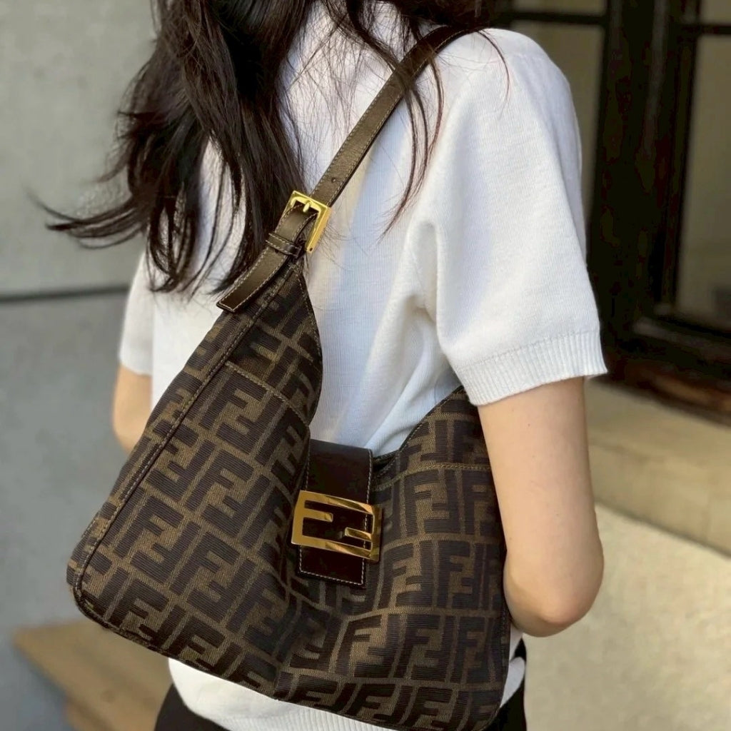 Fendi Zucca Baguette Canvas Leather Shoulder Bag Dark Brown 30cm