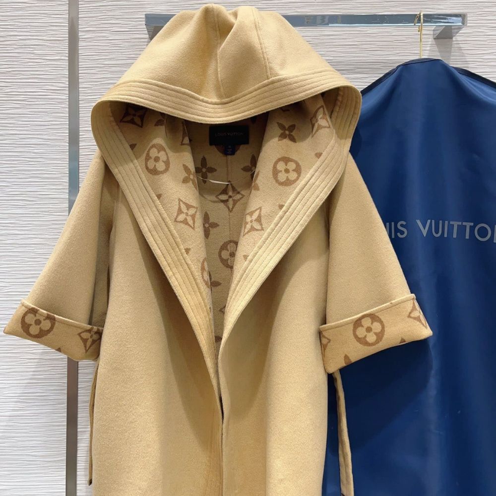 Louis Vuitton Signature Hooded Wrap Robe Coat Beige 1AB713