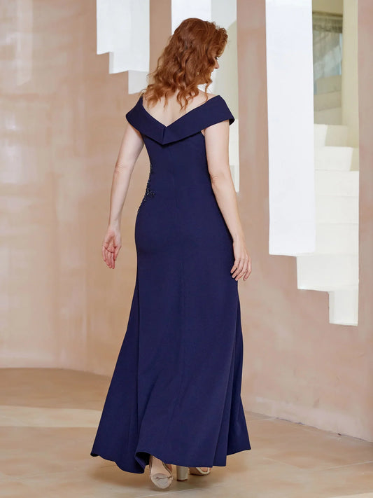 V-neck slit bead sequins mother of the bride dress
