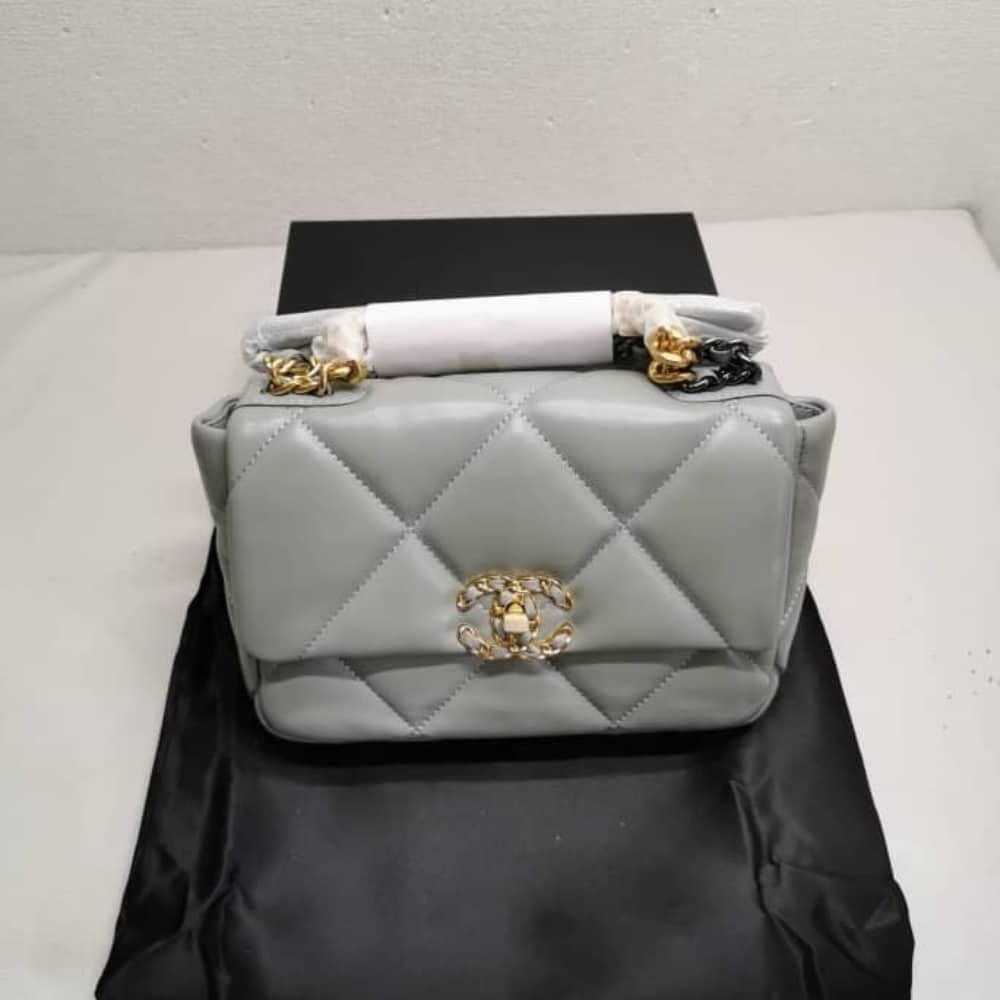 Chanel 19 Flap Bag Shiny Gold And Silver Tone Light Grey 26Cm