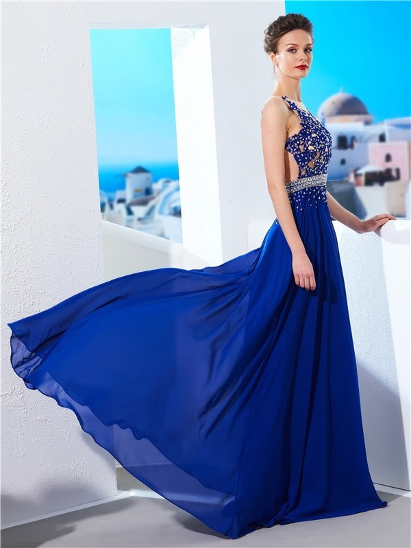 A-Line/Princess Sleeveless Sheer Neck Chiffon Applique Sweep/Brush Train Dresses