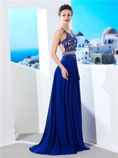 A-Line/Princess Sleeveless Sheer Neck Chiffon Applique Sweep/Brush Train Dresses