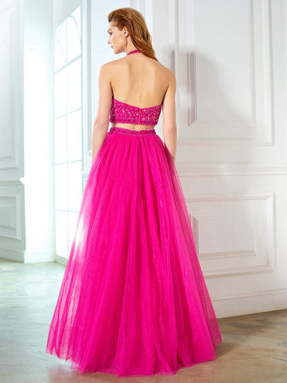 A-Line/Princess Halter Beading Sleeveless Net Floor-Length Two Piece Dresses