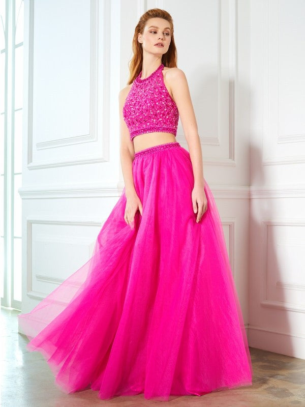 A-Line/Princess Halter Beading Sleeveless Net Floor-Length Two Piece Dresses