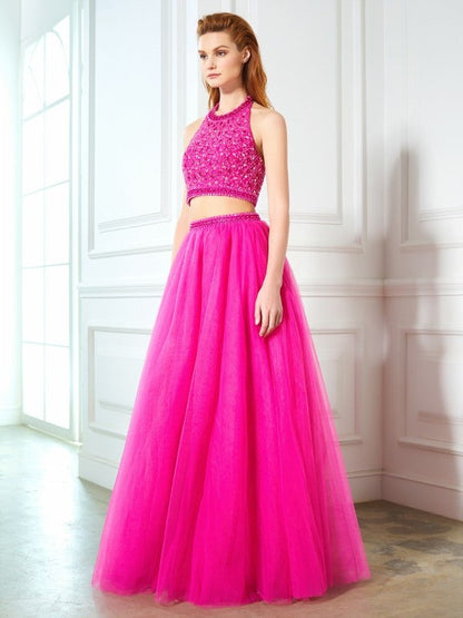 A-Line/Princess Halter Beading Sleeveless Net Floor-Length Two Piece Dresses