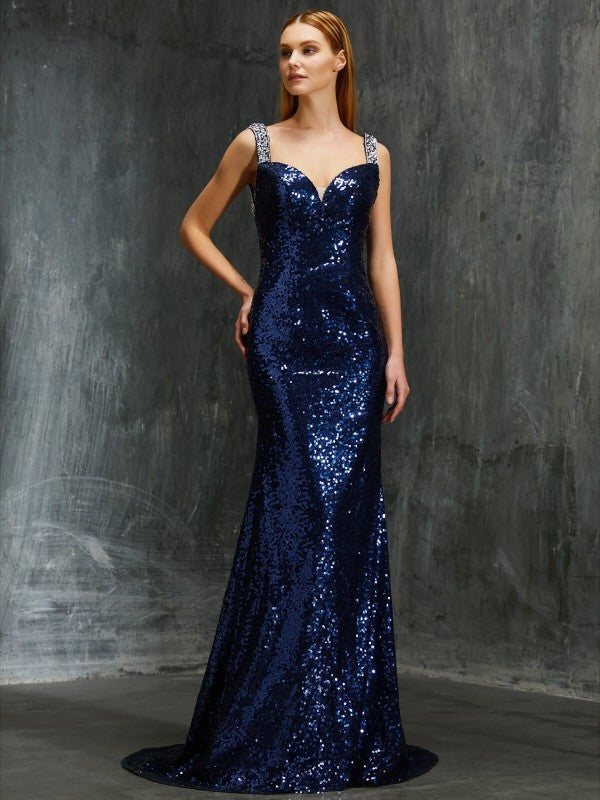 Sheath/Column V-neck Sleeveless Sweep/Brush Train Beading Sequins Dresses
