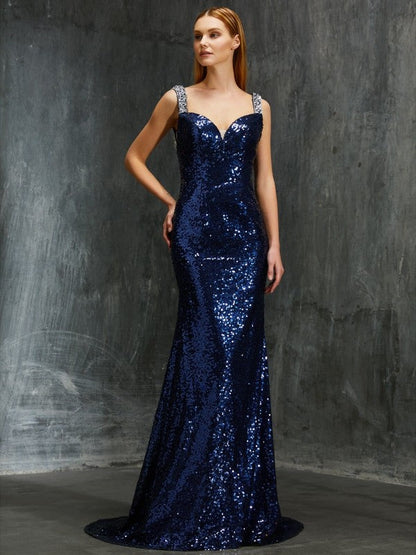 Sheath/Column V-neck Sleeveless Sweep/Brush Train Beading Sequins Dresses