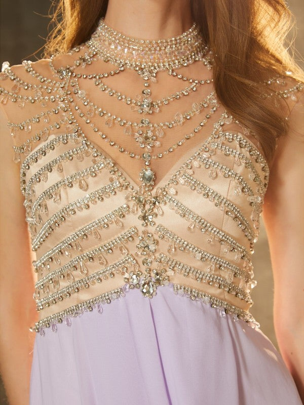 A-Line/Princess High Neck Sleeveless Sweep/Brush Train Crystal Chiffon Dresses