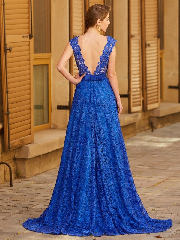 A-Line/Princess V-neck Sleeveless Sweep/Brush Train Bowknot Lace Dresses