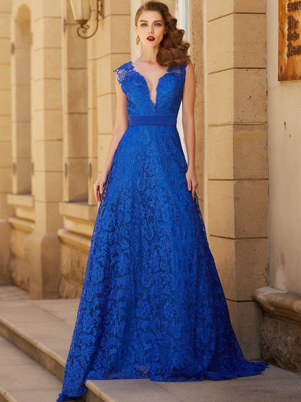 A-Line/Princess V-neck Sleeveless Sweep/Brush Train Bowknot Lace Dresses