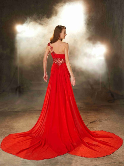 Sheath/Column One-Shoulder Sleeveless Sweep/Brush Train Beading Chiffon Dresses
