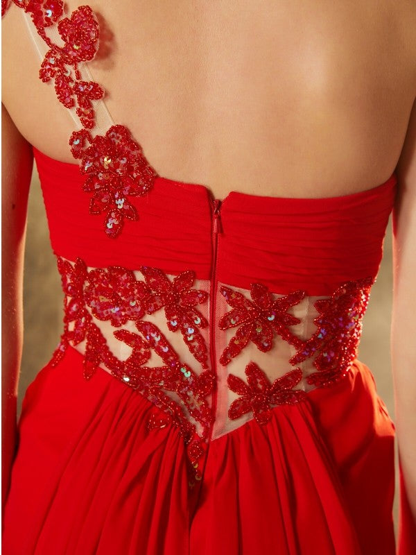 Sheath/Column One-Shoulder Sleeveless Sweep/Brush Train Beading Chiffon Dresses