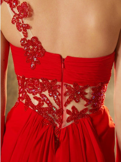 Sheath/Column One-Shoulder Sleeveless Sweep/Brush Train Beading Chiffon Dresses