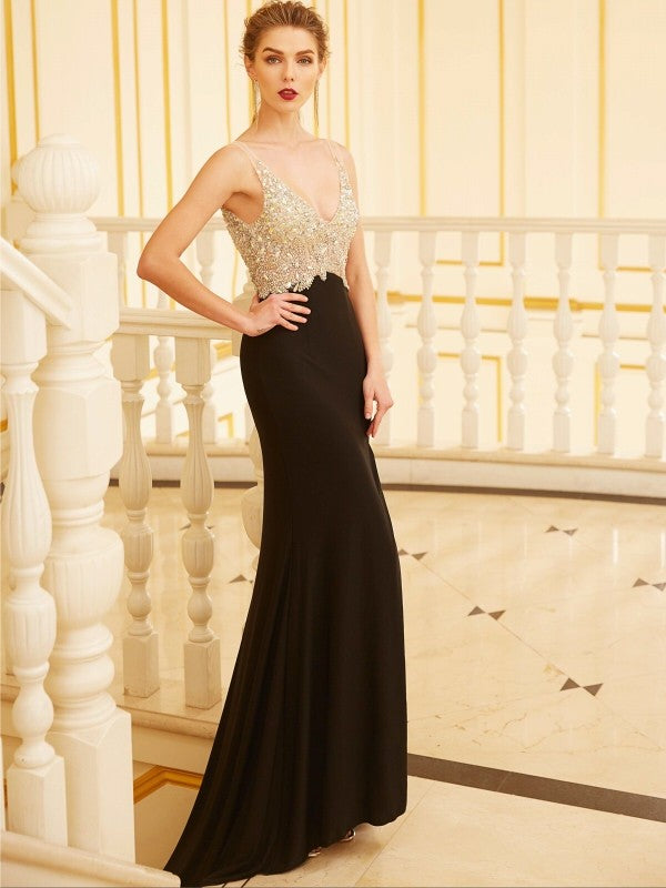 Sheath/Column V-neck Beading Sleeveless Sweep/Brush Train Spandex Dresses