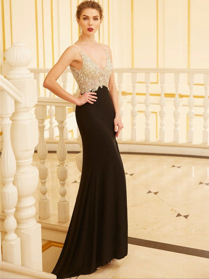 Sheath/Column V-neck Beading Sleeveless Sweep/Brush Train Spandex Dresses