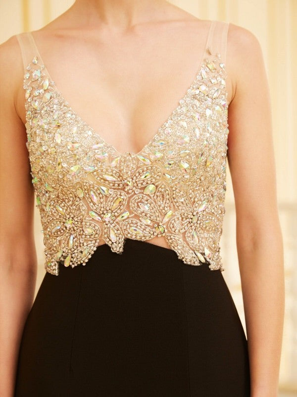 Sheath/Column V-neck Beading Sleeveless Sweep/Brush Train Spandex Dresses