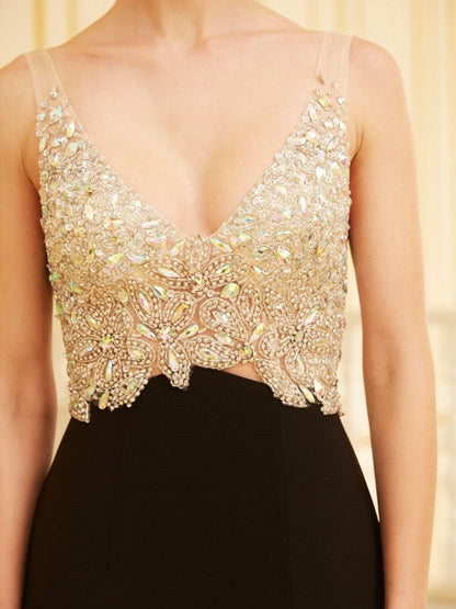 Sheath/Column V-neck Beading Sleeveless Sweep/Brush Train Spandex Dresses