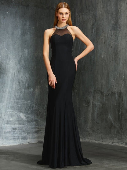 Sheath/Column Jewel Beading Sleeveless Spandex Sweep/Brush Train Dresses