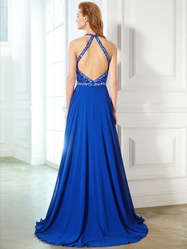 A-Line/Princess Jewel Sleeveless Beading Chiffon Sweep/Brush Train Dresses