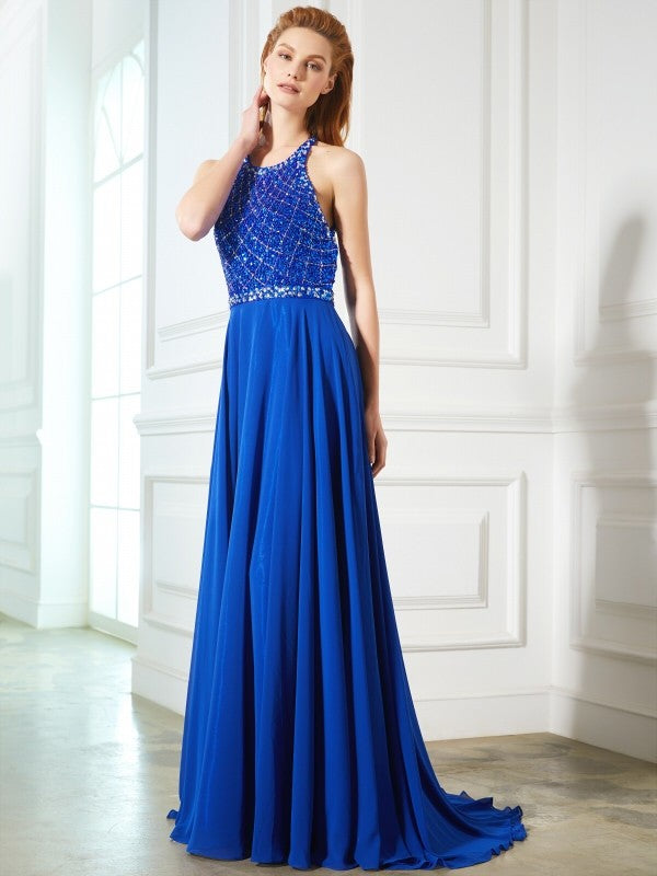 A-Line/Princess Jewel Sleeveless Beading Chiffon Sweep/Brush Train Dresses
