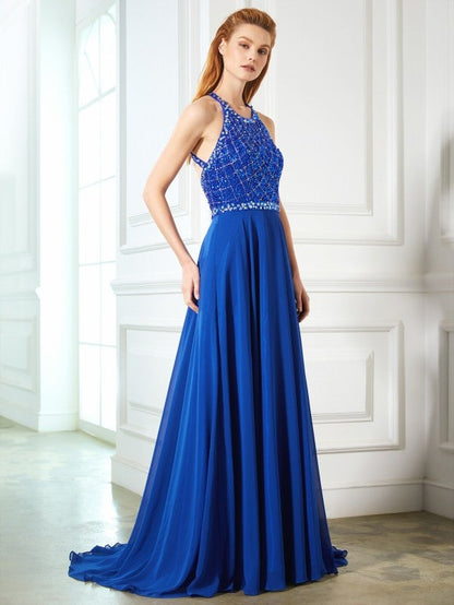 A-Line/Princess Jewel Sleeveless Beading Chiffon Sweep/Brush Train Dresses