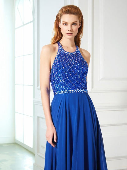 A-Line/Princess Jewel Sleeveless Beading Chiffon Sweep/Brush Train Dresses