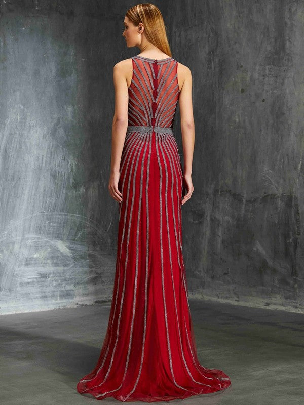 Sheath/Column Scoop Beading Sleeveless Net Sweep/Brush Train Dresses