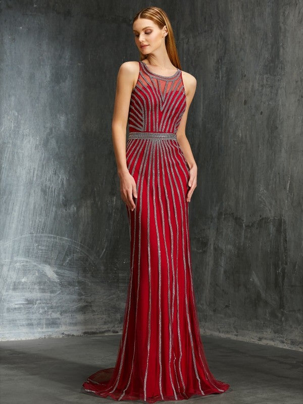 Sheath/Column Scoop Beading Sleeveless Net Sweep/Brush Train Dresses