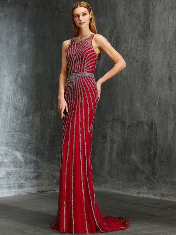 Sheath/Column Scoop Beading Sleeveless Net Sweep/Brush Train Dresses
