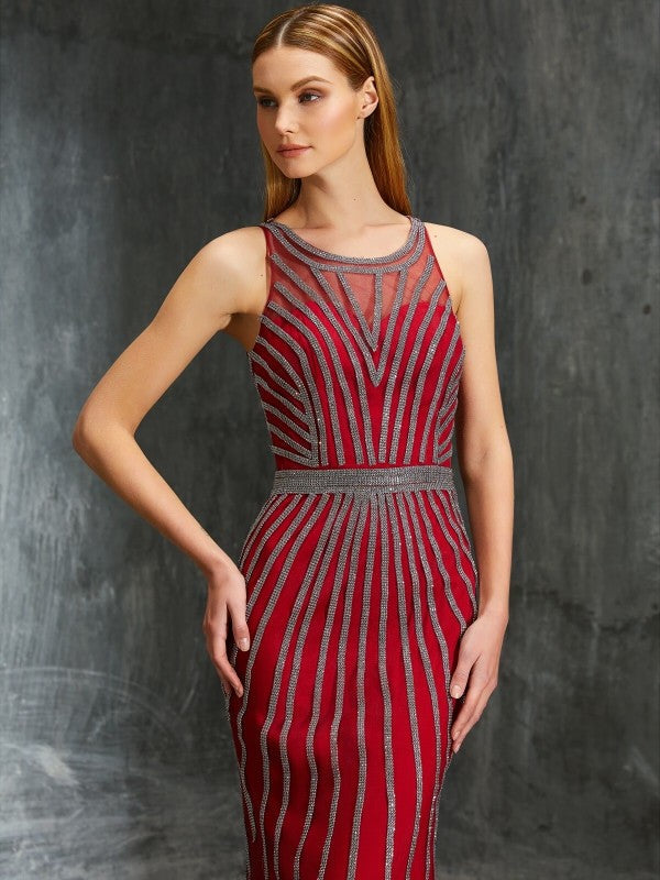 Sheath/Column Scoop Beading Sleeveless Net Sweep/Brush Train Dresses