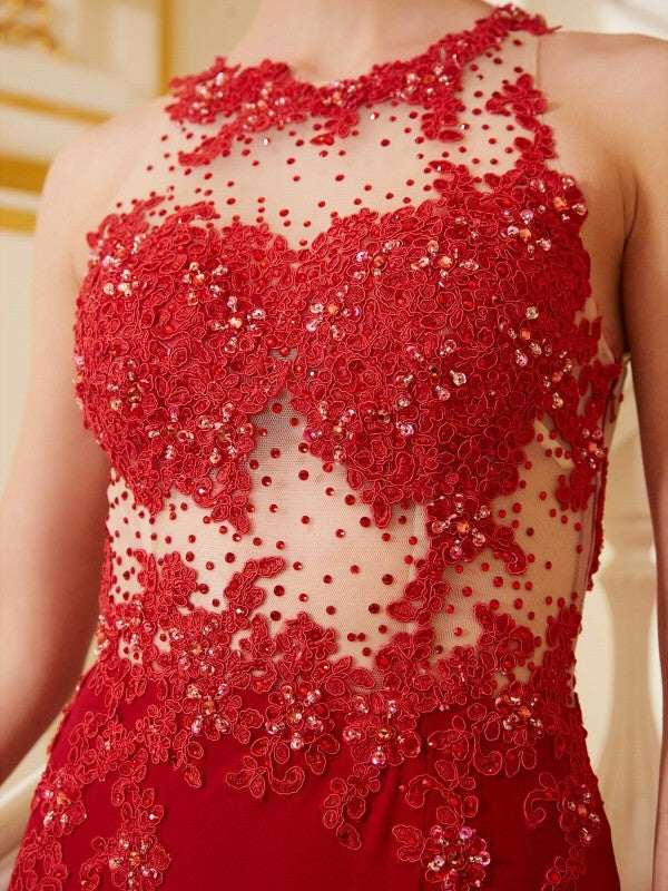 Sheath/Column Jewel Sleeveless Applique Sweep/Brush Train Spandex Dresses